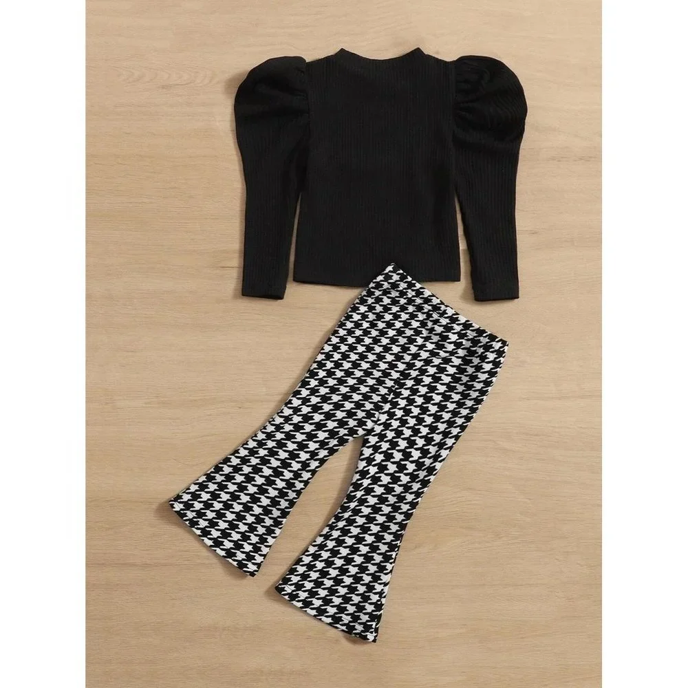New SHEIN Baby Gigot Sleeve Tee & Houndstooth Print Flare Leg Pants - Size 18-24